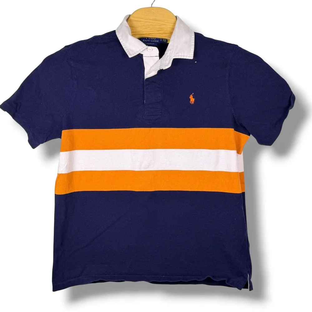 Polo Ralph Lauren Rugby Shirt Mens L Navy Blue Orange Stripe Pony Classic Fit